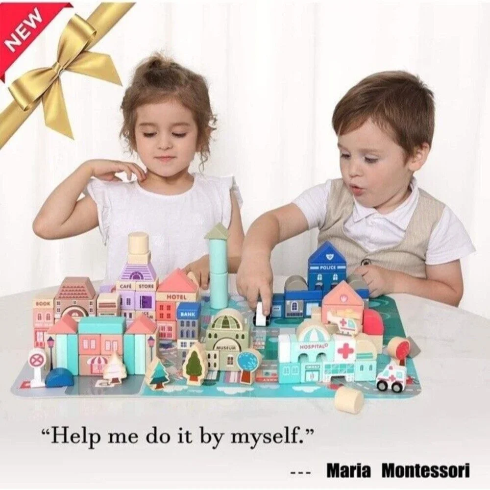 Wooden Building Blocks Set City Construction Stacking Preschool Montessori Learn